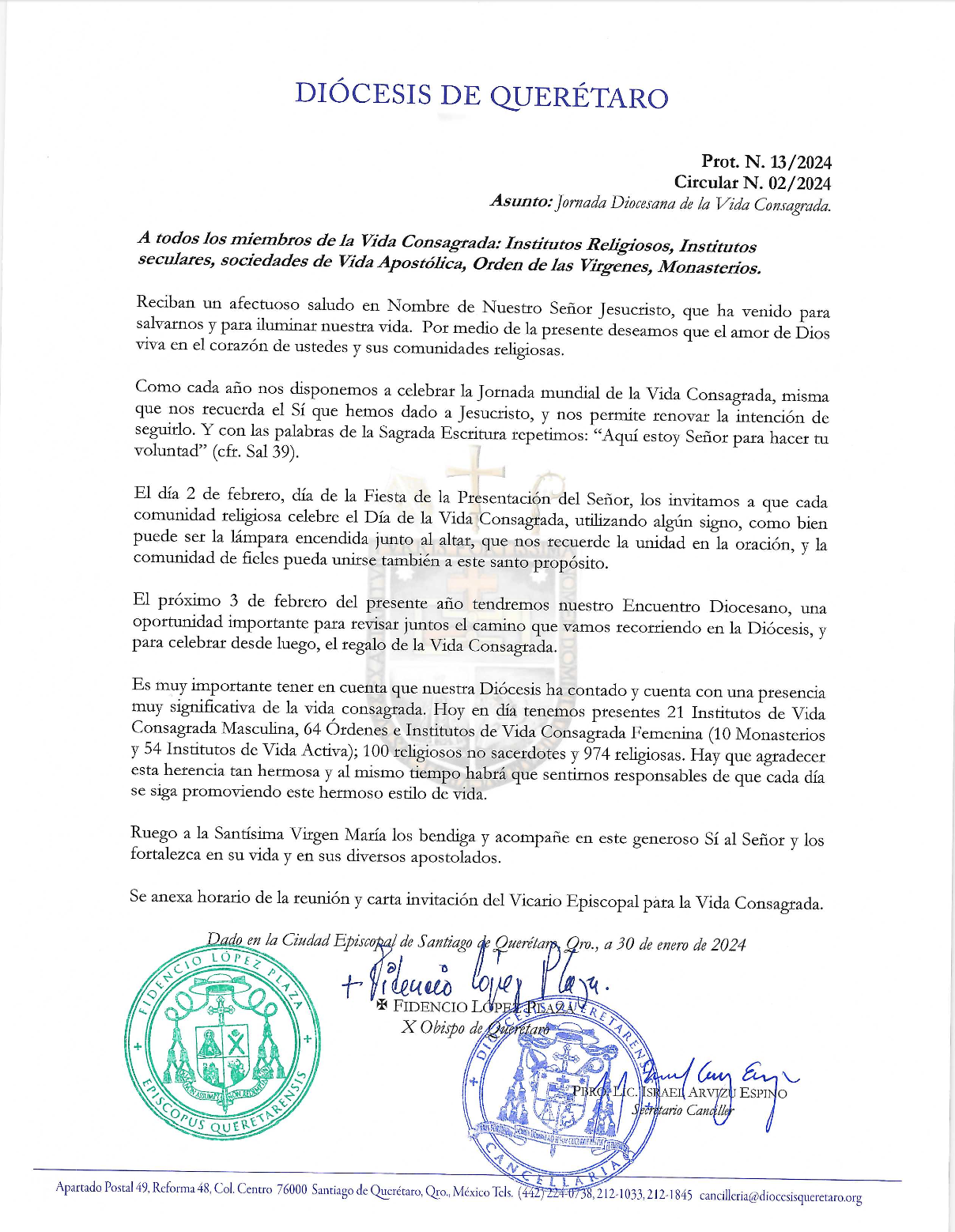 Circular N. 02/2024. Prot. N. 13/2024. Asunto: Jornada Diocesana de la Vida Consagrada. 1